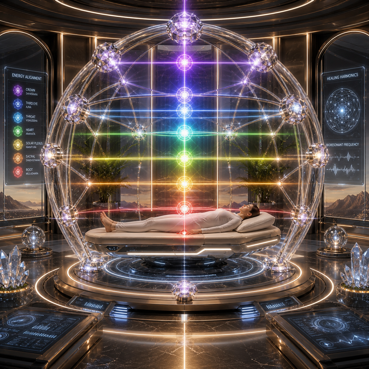 MetaCore Astral Dome sesijos zona su šviesos ir kristalų mazgais