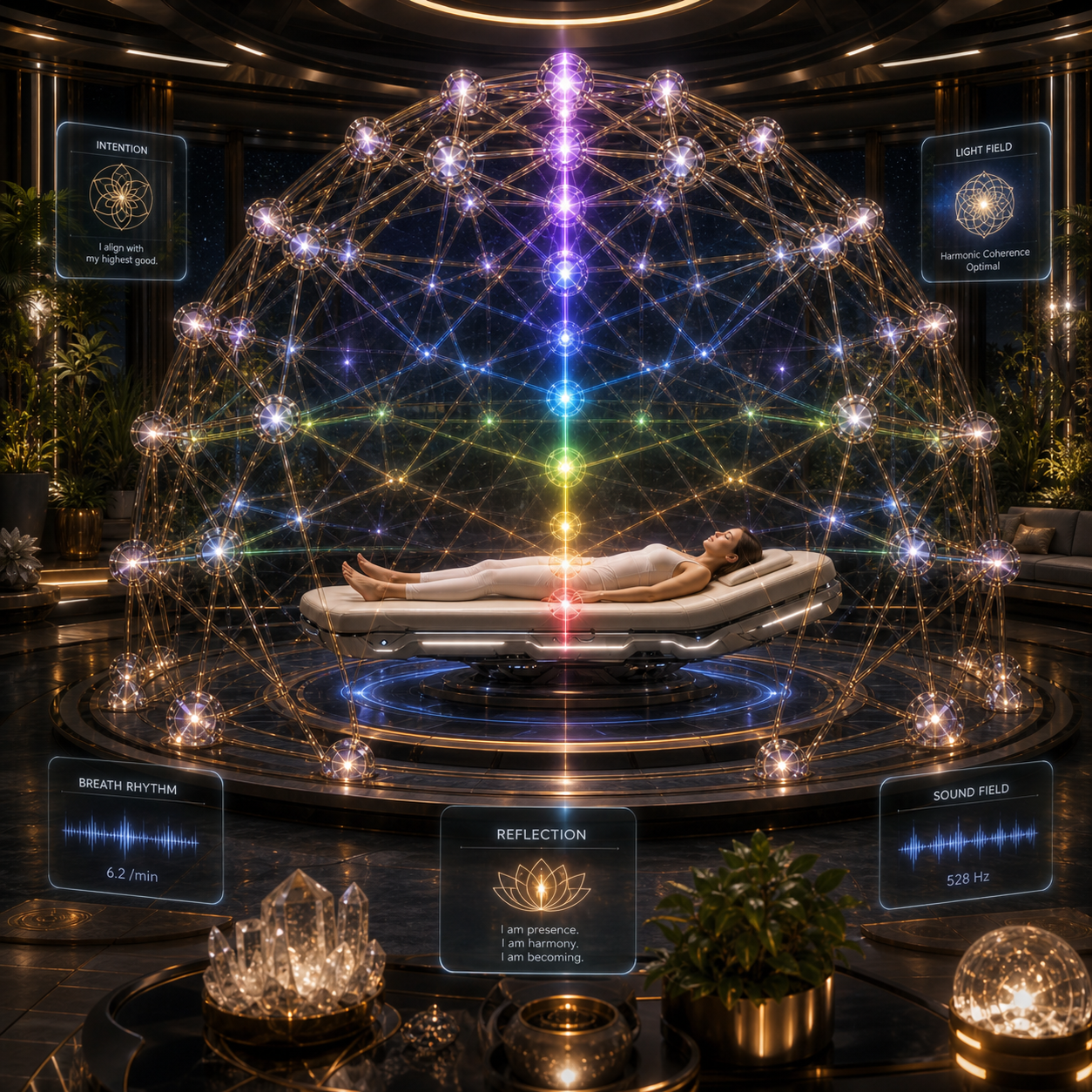 Astral Dome crystal node detail with light and sound resonance