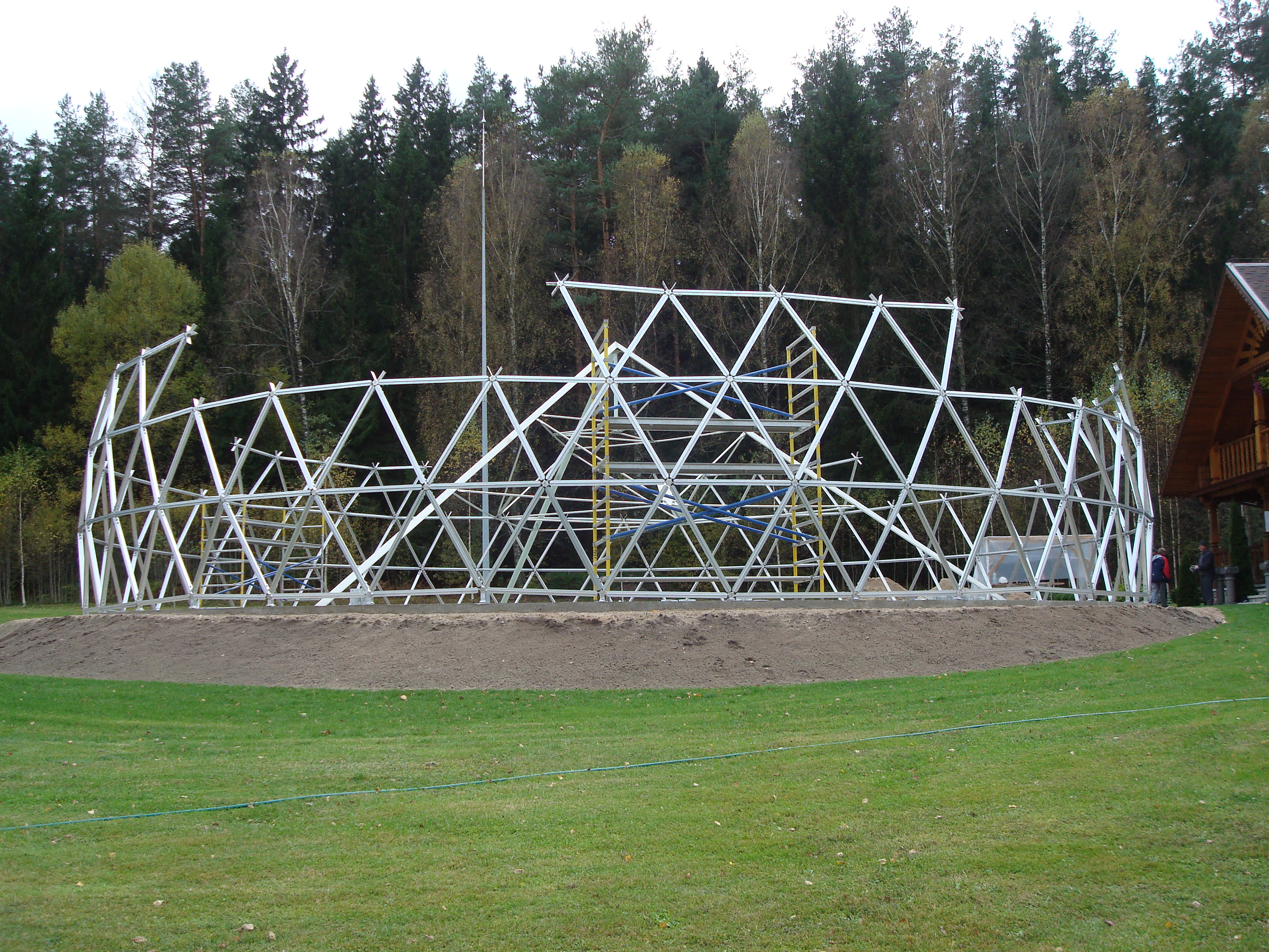 Geodesic dome frame under construction in Lithuania